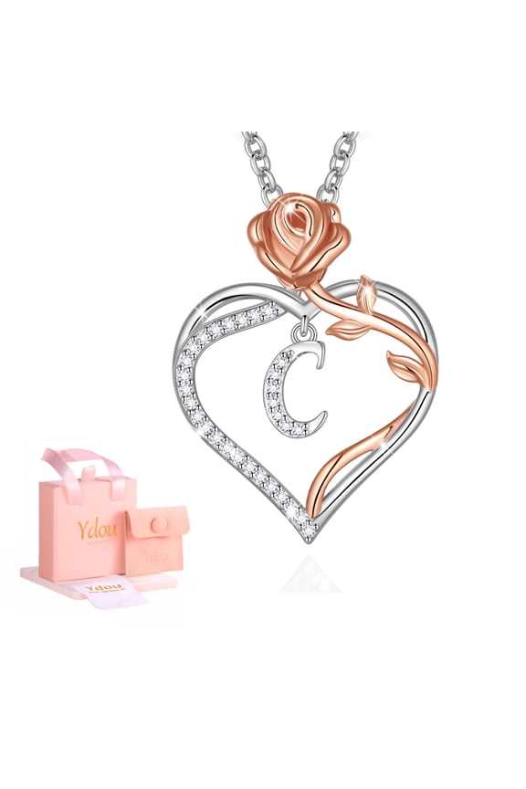 Rose Heart Initial Necklace for Women, 14K White Gold Plated Love Heart Letters with Rose Flower Pendant Necklace for Women