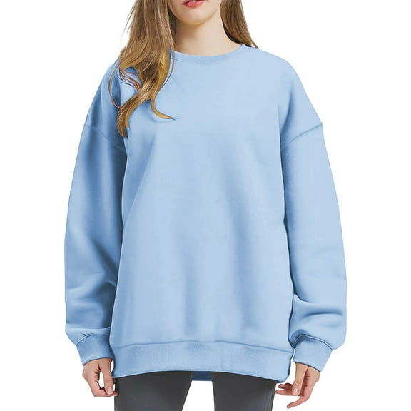 Ydsxlp Oversized Sweatshirt Crewneck Sweatshirts Women's Fashionable Casual Solid Color Pullover Sweatshirt Long Sleeved Sweatshirt Womens Hoodies Fall Sweater Sky Blue L