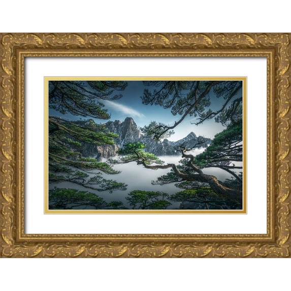 Ye, Ningyun 32x23 Gold Ornate Wood Framed with Double Matting Museum Art Print Titled - Strange Pine Tree In Yellow Mountain