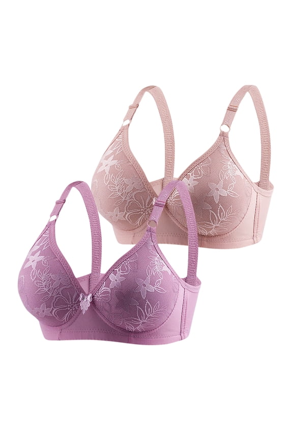 2 Pack Full Coverage Bras for Women Soft Padded T Shirt Bra Comfort Bralette Plus Size V Neck Bras Ladies Bras (M, Purple)