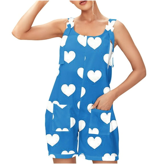 YeJammarp 2025 Linen Womens Romper Shorts Heart Print Loose Cute Jumpsuit Summer Casual Onesie Tank Rompers with Pocket (XXL, Blue)