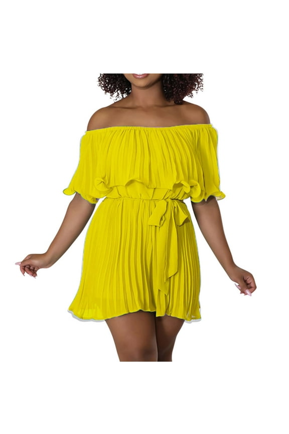 Chiffon Flowy Short Jumpsuits Womens Dressy Casual Off The Shoulder Pleated Romper Shorts with Belt Summer (2XL, Yellow)