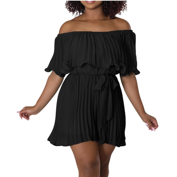 YeJammarp Chiffon Flowy Short Jumpsuits Womens Dressy Casual Off The Shoulder Pleated Romper Shorts with Belt Summer (M, Black)