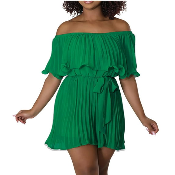 YeJammarp Chiffon Flowy Short Jumpsuits Womens Dressy Casual Off The Shoulder Pleated Romper Shorts with Belt Summer (M, Green)