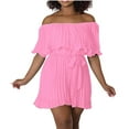 thumbnail image 1 of YeJammarp Chiffon Flowy Short Jumpsuits Womens Dressy Casual Off The Shoulder Pleated Romper Shorts with Belt Summer (M, Pink), 1 of 6