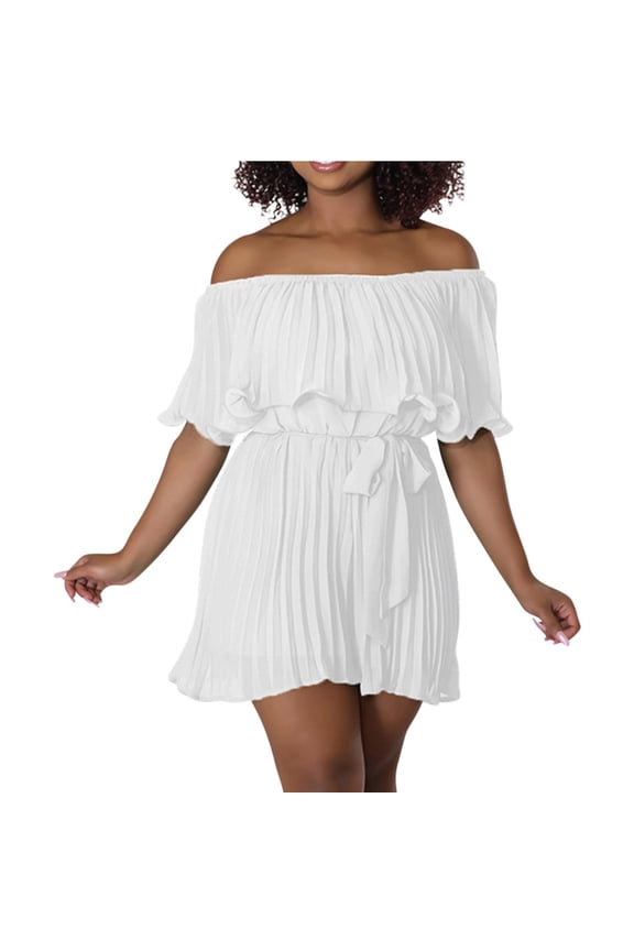 Chiffon Flowy Short Jumpsuits Womens Dressy Casual Off The Shoulder Pleated Romper Shorts with Belt Summer (M, White)