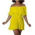 thumbnail image 1 of YeJammarp Chiffon Flowy Short Jumpsuits Womens Dressy Casual Off The Shoulder Pleated Romper Shorts with Belt Summer (XL, Yellow), 1 of 6