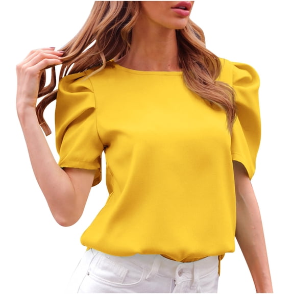 YeJammarp Cotton Dressy Tops Puff Short Sleeve Business Casual Work Office Tee Shirt Loose Round Neck Women Blouses (Small, Yellow)