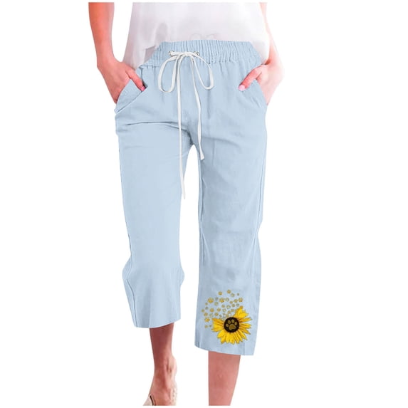 YeJammarp Cotton Linen Capris Women Elastic Waist Drawstring Capri Sweatpant Pockets USA Flag Print Casual Summer Crop Pant (Small, Blue 01)