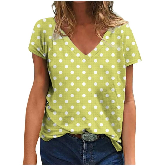YeJammarp Cotton V Neck T Shirts Womens Loose Fit Elegant Retro Polka Dots Print Short Sleeve Casual Summer Tops (Large, Green)