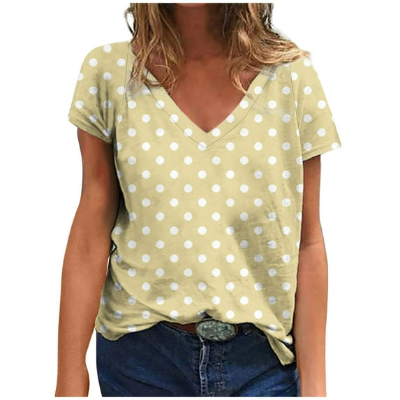 YeJammarp Cotton V Neck T Shirts Womens Loose Fit Elegant Retro Polka Dots Print Short Sleeve Casual Summer Tops (Large, Multicolor)