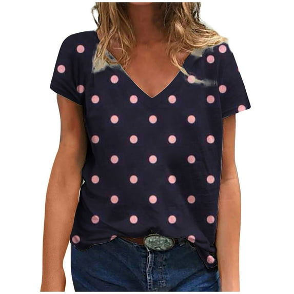 YeJammarp Cotton V Neck T Shirts Womens Loose Fit Elegant Retro Polka Dots Print Short Sleeve Casual Summer Tops (XX-Large, Multicolor 02)