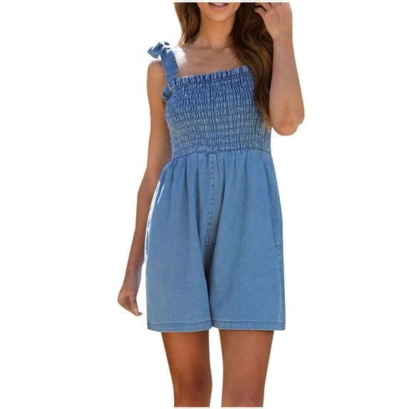 YeJammarp Denim Short Rompers Smocked Tube Top Jean Jumpsuit Onesies Bowknot Straps Sleeveless Cute Summer Shorts S-XXL (M, Blue)