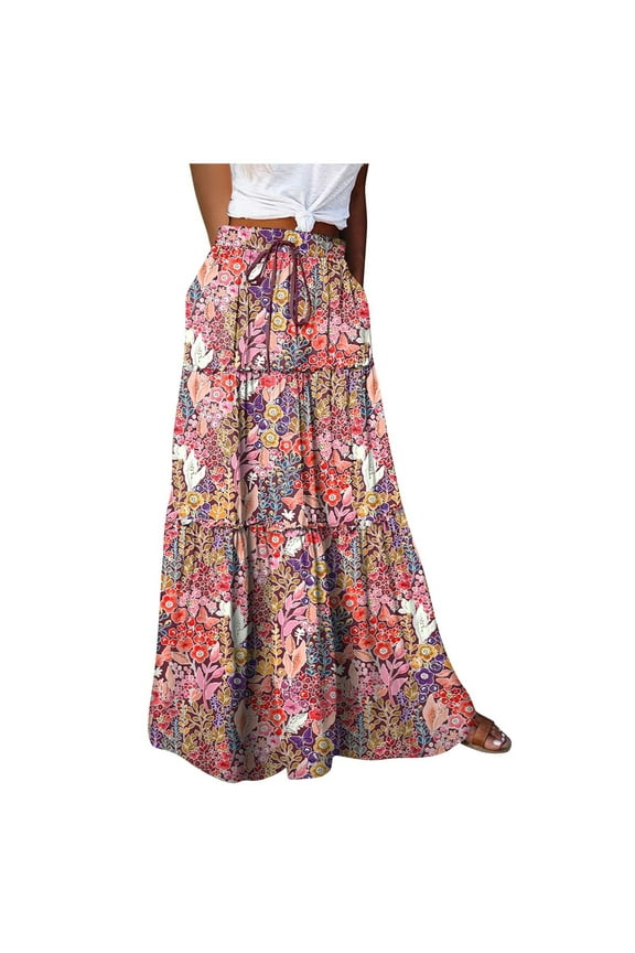 Flowy Chiffon Pants for Women Beach Boho Style Printed Baggy Wide Leg Tiered Travel Trouser Pants (Large, Pink)