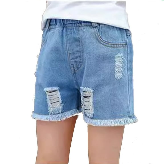 YeJammarp Girls Ripped Distressed Jeans Shorts High Waist Relaxed Fit Denim Shorts with Pocket Pull-On Shorts, Blue, 3 Years