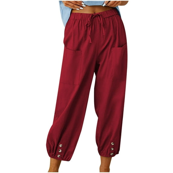 YeJammarp Summer Cotton Linen Cropped Pants Womens Casual Beach Wide Leg Loose Drawstring Capri Pants with Pockets (3X-Large, Wine)