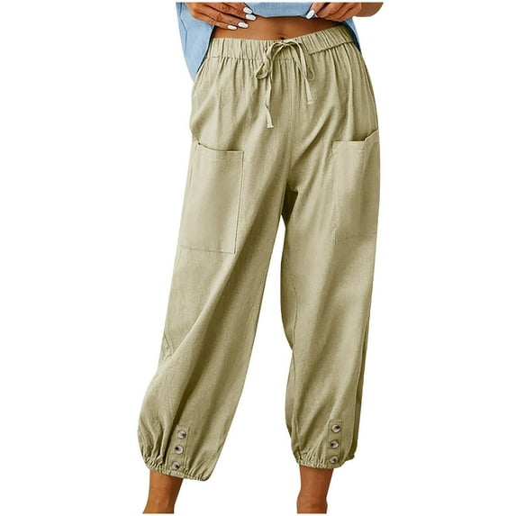YeJammarp Summer Cotton Linen Cropped Pants Womens Casual Beach Wide Leg Loose Drawstring Capri Pants with Pockets (Medium, Beige)