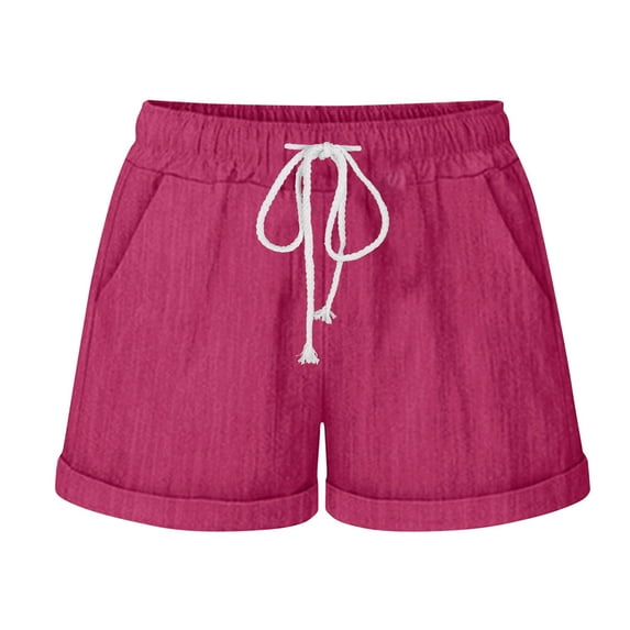 YeJammarp Summer Linen Shorts Elastic Waist Drawcord Rolled Hem Lounge Short Pants with Pockets for Women Casual (Large, Hot Pink)