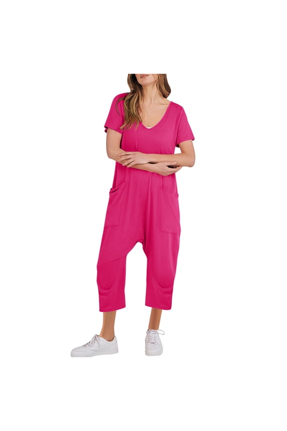 Summer Rompers Jumpsuits Womens One Piece Short Sleeve V Neck Capri Jumpsuit Pockets Playsuits Loungewear (X-Large, Hot Pink)