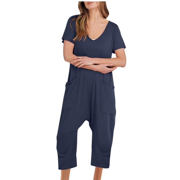 YeJammarp Summer Rompers Jumpsuits Womens One Piece Short Sleeve V Neck Capri Jumpsuit Pockets Playsuits Loungewear (Small, Navy)