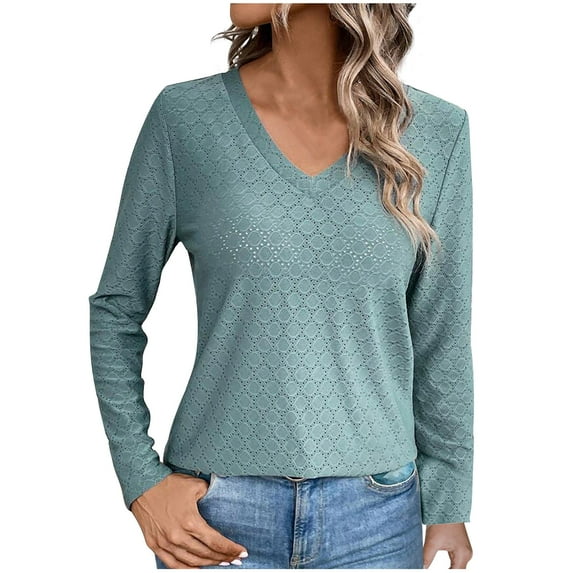 YeJammarp Trendy Fall Tops V Neck Long Sleeve Casual T-shirts Eyelet Top Solid Color Regular-Fit Pullover Base Tees (L, Green)