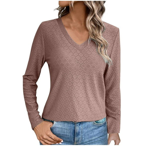 YeJammarp Trendy Fall Tops V Neck Long Sleeve Casual T-shirts Eyelet Top Solid Color Regular-Fit Pullover Base Tees (M, Pink)