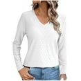 thumbnail image 1 of YeJammarp Trendy Fall Tops V Neck Long Sleeve Casual T-shirts Eyelet Top Solid Color Regular-Fit Pullover Base Tees (M, White), 1 of 6