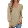 thumbnail image 1 of YeJammarp Womens Long Sleeve Tops Cozy Fleece V Neck Sweatshirts Pullover Button Decor Elegant Trendy Casual Sweater (M, Khaki), 1 of 7