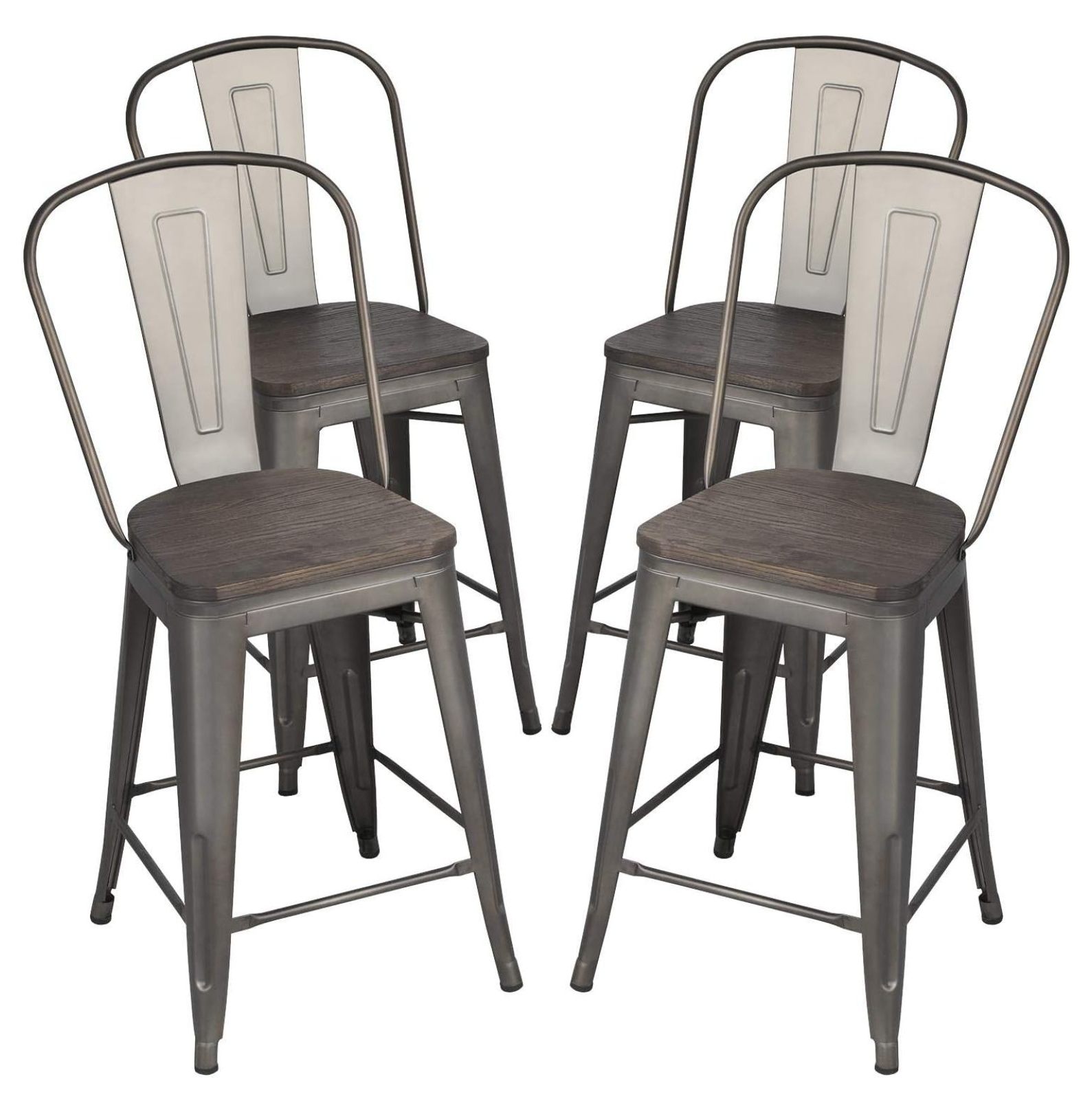 YeSayH Set of 4 Gunmetal Wooden Seat 24 Inch Counter Height Metal Bar
