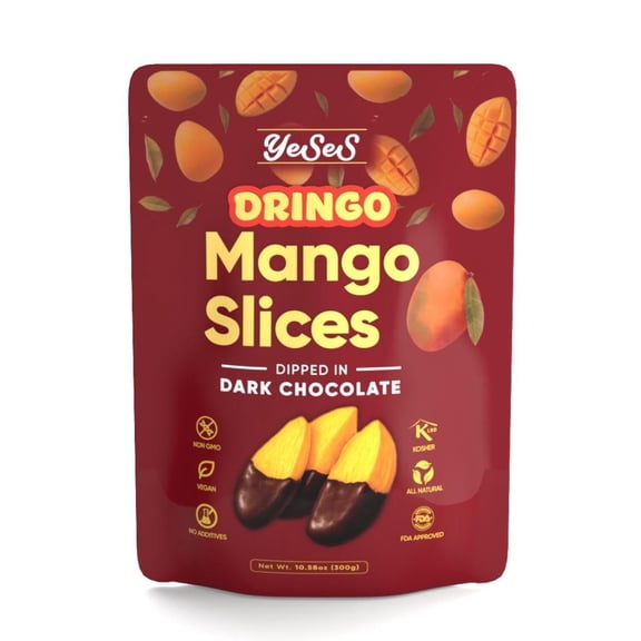 Mango Slices Dipped in Dark Chocolate Yeses Dringo  – Premium Dried Mango Snack, Non-GMO, Vegan, Kosher, All-Natural, No Additives, 10.58 oz (300g) Resealable Bag (1 Pack)