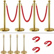 YeYeBest 4pcs Crowd Control Stanchions with Velvet Ropes, Golden Stanchion Post 40inch Red Velvet Rope Retractable Stanchion Posts Barrier & 37.4 Height Stainless Steel Polish Set