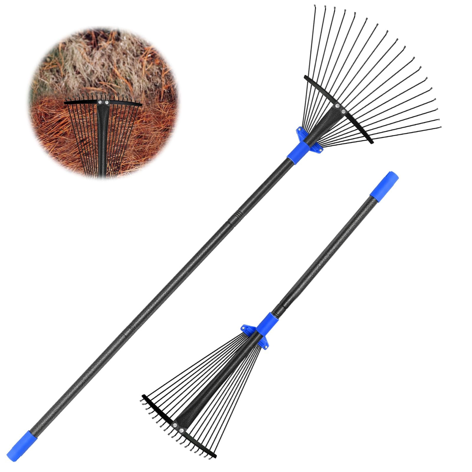 Garden Leaf Rake, head extends from 9.5''-17'', collapsible lawn rake with 58-inch adjustable splice handle, heavy-duty metal rake for lawns, flower beds