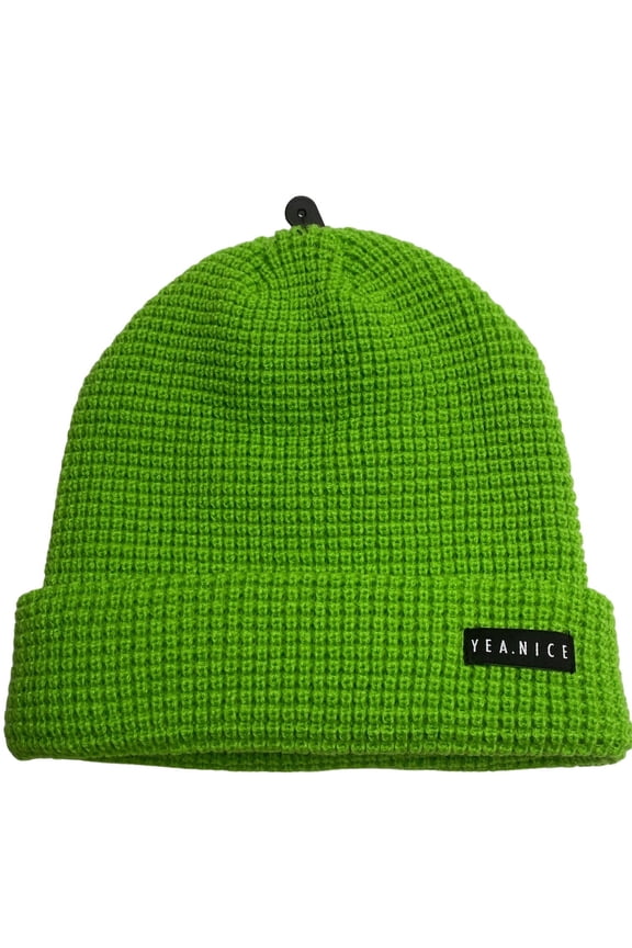 Beanie Soft Acrylic Electric Green Folded Waffle Weave Beanie Hat Cap