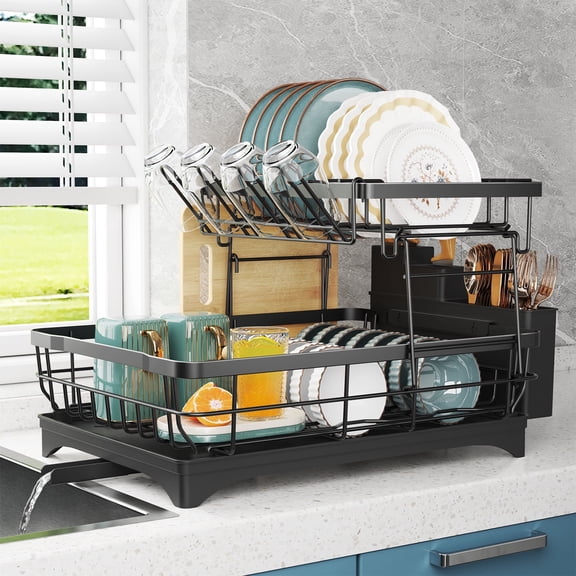 Yeabett 2 Tier Dish Drying Rack Stainless Steel,Dish Racks with Water Tray Dish Drainer for Kitchen Counter with Utensil & Cup Holder