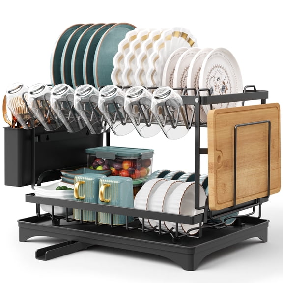 Yeabett 2 Tier Dish Drying Rack Stainless Steel for Kitchen Counter,Dish Racks for Kitchen Counter with Utensil & Cup Holder Kitchen Dishes Organizers