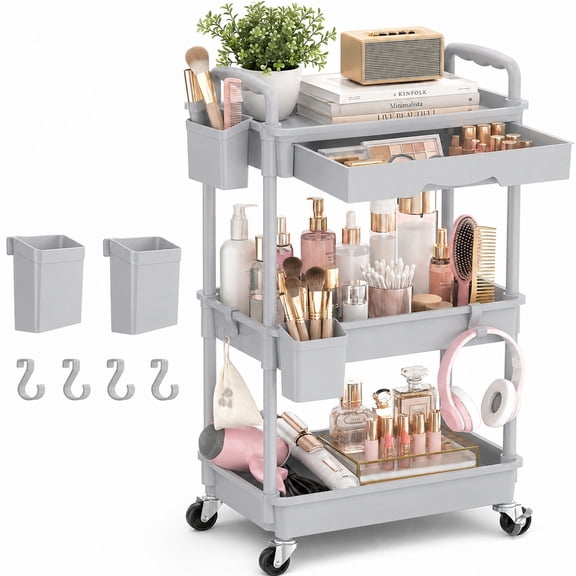 Yeabett 3 Tier Rolling Utility Cart Organizer with Removable Drawer, Mobile Storage Carts with 2 Lockable Wheels for Bathroom, Kitchen, Snack, Craft, Makeup, Baby Essentials, Grey