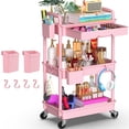 thumbnail image 1 of Yeabett 3 Tier Rolling Utility Cart Organizer with Removable Drawer, Mobile Storage Carts with 2 Lockable Wheels for Bathroom, Kitchen, Snack, Craft, Makeup, Baby Essentials, Pink, 1 of 8