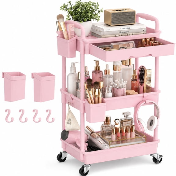 Yeabett 3 Tier Rolling Utility Cart Organizer with Removable Drawer, Mobile Storage Carts with 2 Lockable Wheels for Bathroom, Kitchen, Snack, Craft, Makeup, Baby Essentials, Pink