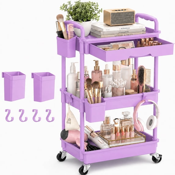 Yeabett 3 Tier Rolling Utility Cart Organizer with Removable Drawer, Mobile Storage Carts with 2 Lockable Wheels for Bathroom, Kitchen, Snack, Craft, Makeup, Baby Essentials,Purple