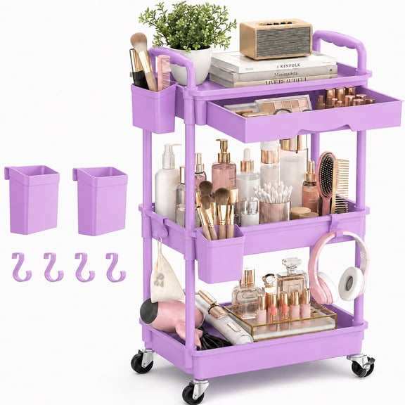 Yeabett 3 Tier Rolling Utility Cart Organizer with Removable Drawer, Mobile Storage Carts with 2 Lockable Wheels for Bathroom, Kitchen, Snack, Craft, Makeup, Baby Essentials,Purple