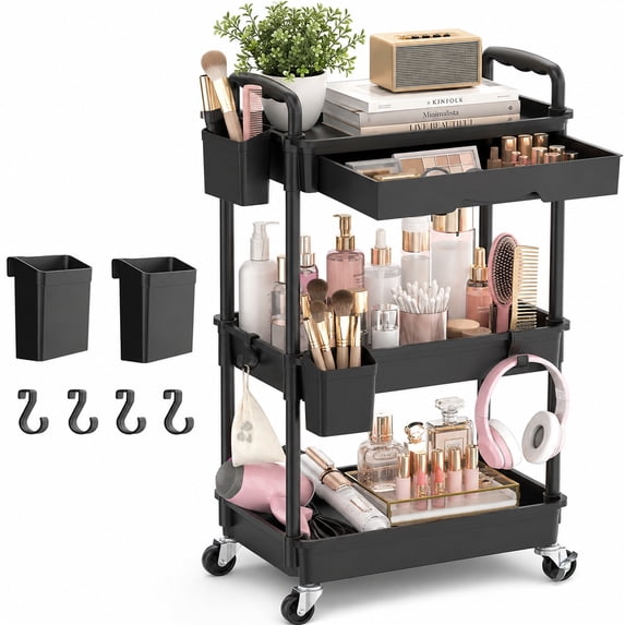 Yeabett 3 Tier Rolling Utility Cart Organizer with Removable Drawer, Mobile Storage Carts with 2 Lockable Wheels for Bathroom, Kitchen, Snack, Craft, Makeup, Baby Essentials, Black