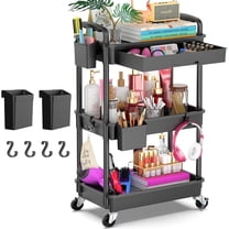 Yeabett 3 Tier Rolling Utility Cart Organizer with Removable Drawer, Mobile Storage Carts with 2 Lockable Wheels for Bathroom, Kitchen, Snack, Craft, Makeup, Baby Essentials, Black