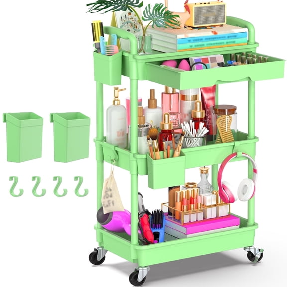 Yeabett 3 Tier Rolling Utility Cart Organizer with Removable Drawer, Mobile Storage Carts with 2 Lockable Wheels for Bathroom, Kitchen, Snack, Craft, Makeup, Baby Essentials, Green
