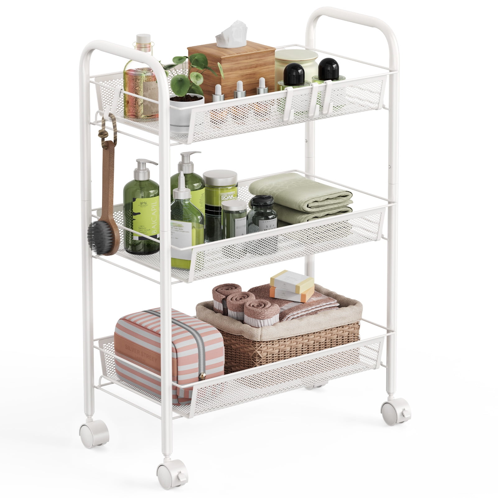 Yeabett 3-Tier Slim Metal Rolling Storage Cart,Mobile Shelving Organizer Utility with Wheels & 4 Side Hooks, Unit Slide Out Mesh Storage Cart for Kitchen Bathroom Pantry White