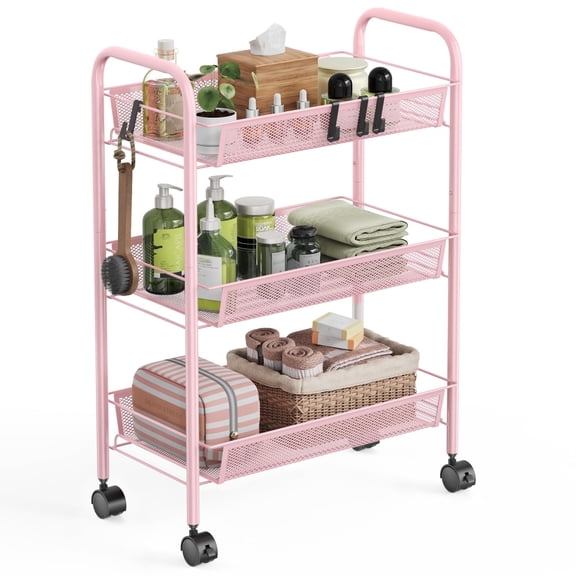 Yeabett 3-Tier Slim Metal Rolling Storage Cart,Mobile Shelving Organizer Utility with Wheels & 4 Side Hooks, Unit Slide Out Mesh Storage Cart for Kitchen Bathroom Pantry PInk