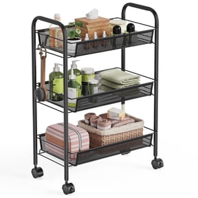 Yeabett 3-Tier Slim Metal Rolling Storage Cart,Mobile Shelving Organizer Utility with Wheels & 4 Side Hooks, Unit Slide Out Mesh Storage Cart for Kitchen Bathroom Pantry Black