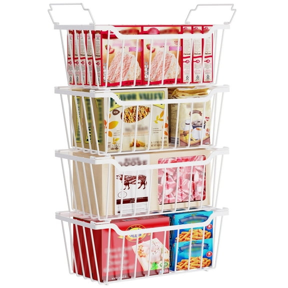 Yeabett 4 Pack Freezer Organizer Bins Stackable Chest Freezer Organizer with Foldable Handle for 5-7 Cu.FT Deep,Freezer Storage Baskets Easy to Reach Food from Bottom,White
