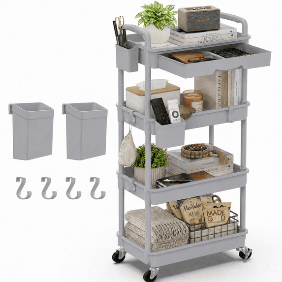 Yeabett 4 Tier Rolling Utility Cart Organizer with Removable Drawer, Mobile Storage Carts with 2 Lockable Wheels for Bathroom, Kitchen, Snack, Craft, Makeup, Baby Essentials, Grey