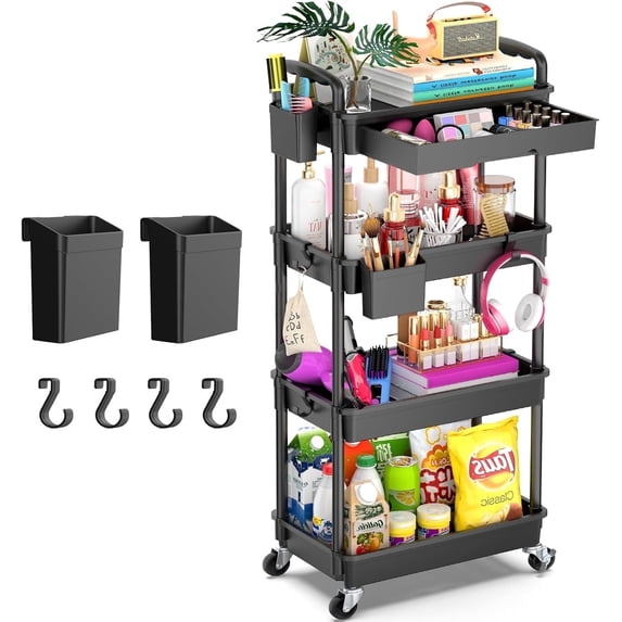 Yeabett 4 Tier Rolling Utility Cart Organizer with Removable Drawer, Mobile Storage Carts with 2 Lockable Wheels for Bathroom, Kitchen, Snack, Craft, Makeup, Baby Essentials, Black