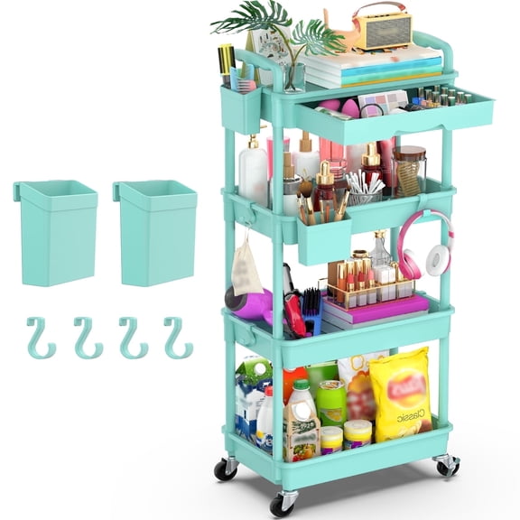 Yeabett 4 Tier Rolling Utility Cart Organizer with Removable Drawer, Mobile Storage Carts with 2 Lockable Wheels for Bathroom, Kitchen, Snack, Craft, Makeup, Baby Essentials, Blue